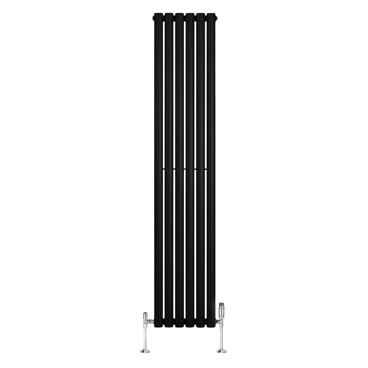 Schlanker, schwarzer Gliederheizkörper mit TRV Chromventilen, 1800mm x 360mm, vertikale Lamellenstruktur und glänzende Oberflächen für modernes Design