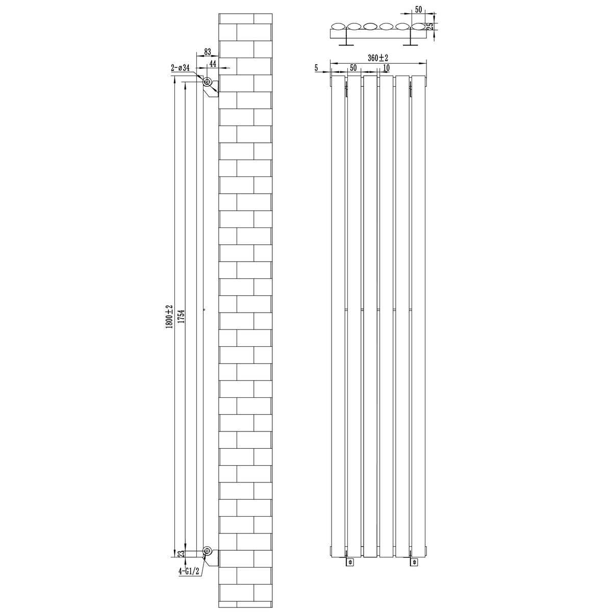 Schwarzer Gliederheizkörper mit TRV Chromventilen, Maße 1800mm x 360mm, vertikale, schlanke Form, ideal für moderne Innenräume