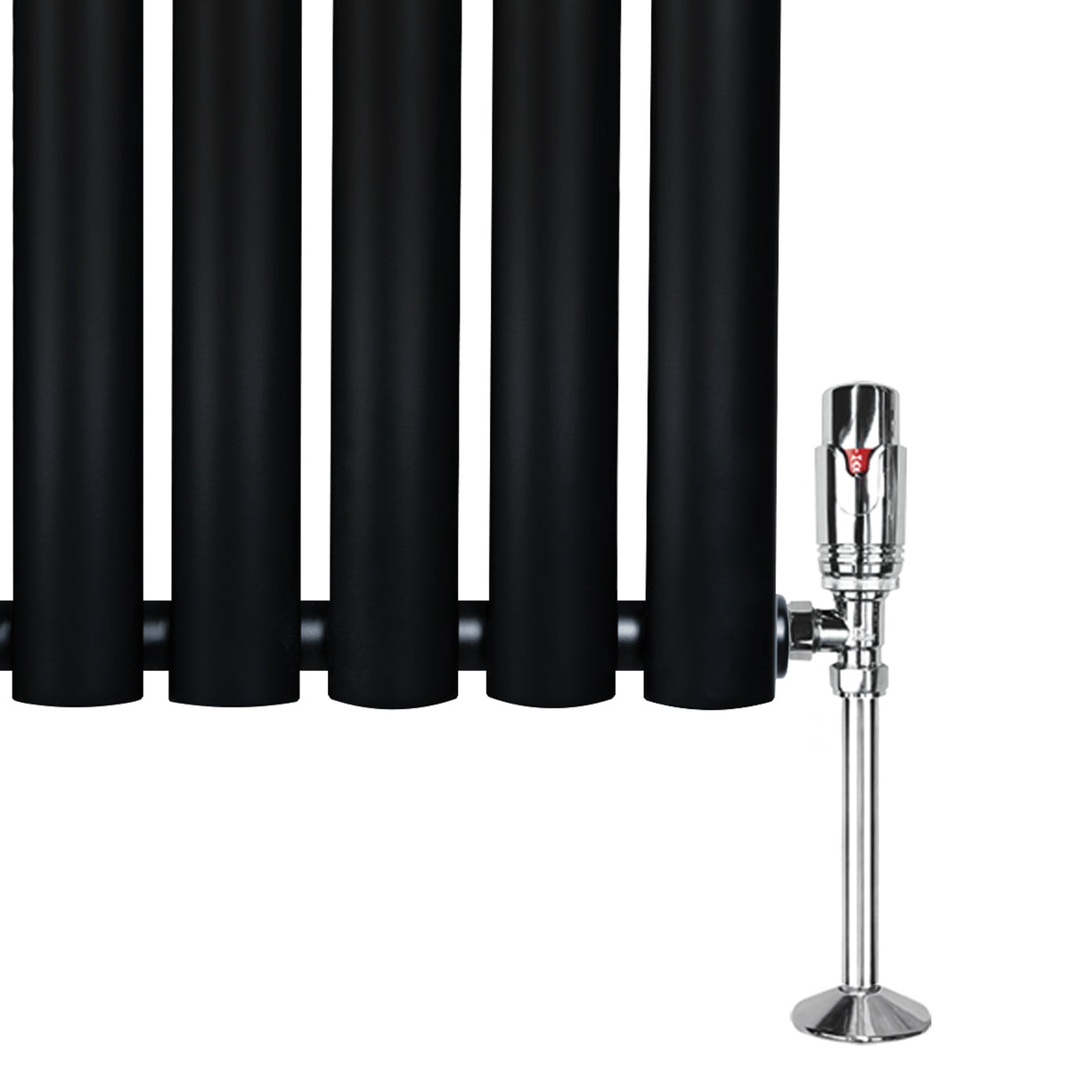 Schwarzer Gliederheizkörper mit TRV Chromventilen, 1800mm x 360mm, glänzende Oberfläche, moderne Form und elegantes Design für stilvolle Heizlösungen