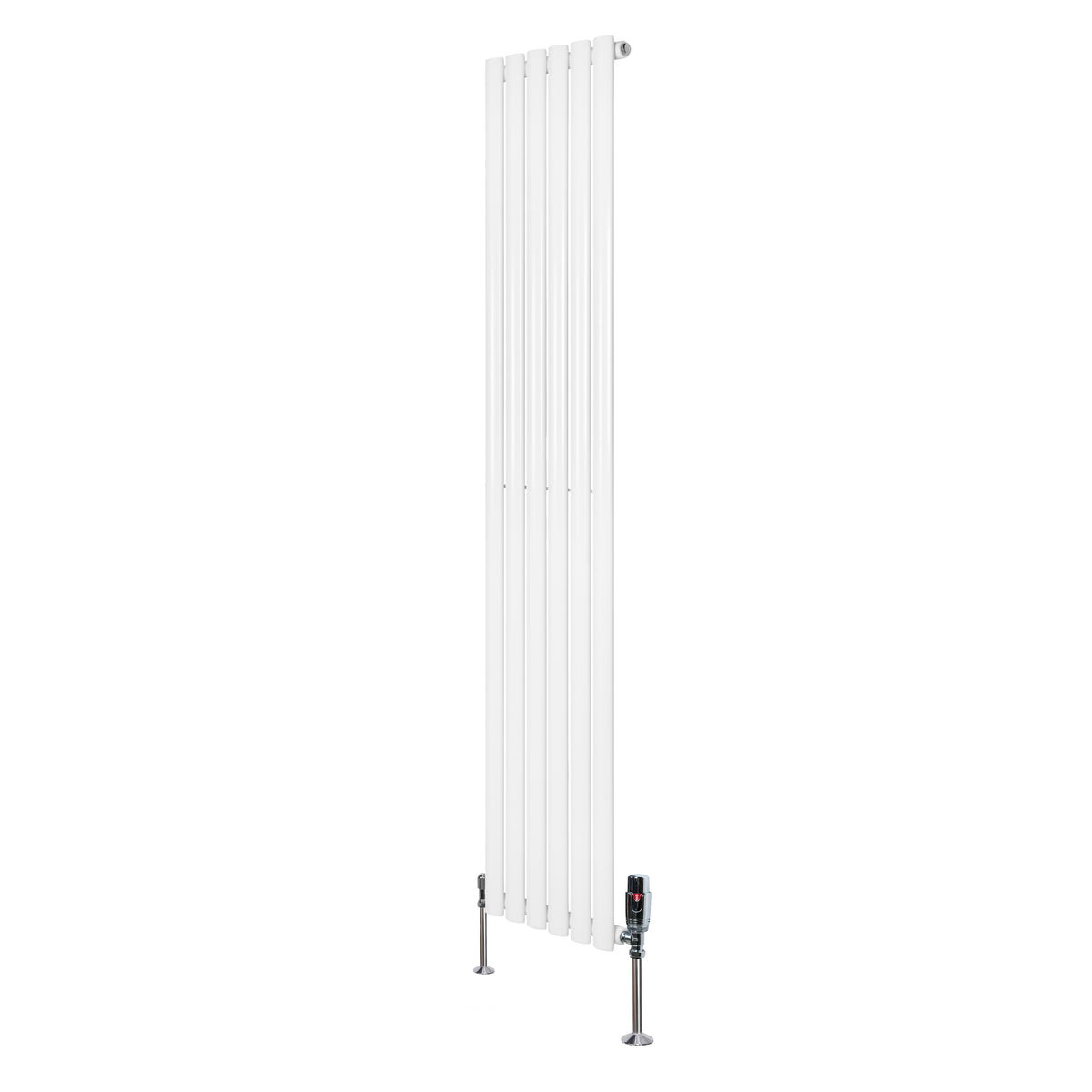 Hochformatiger, weißer Gliederheizkörper mit TRV Chromventilen, 1800mm x 360mm, schlankes Design und glatte Oberflächen für moderne Innenräume