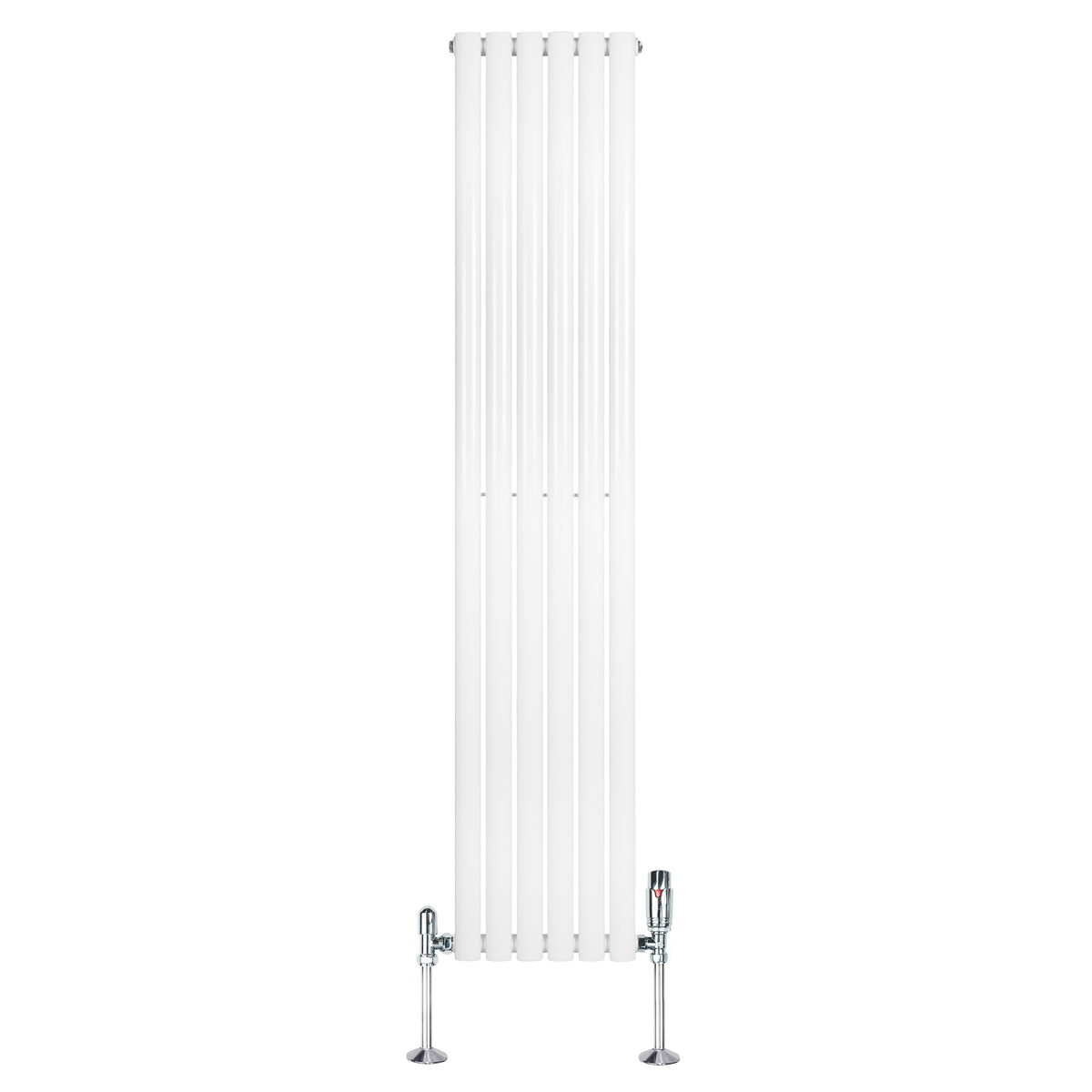 Hochformatiger, weißer Gliederheizkörper mit TRV Chromventilen, 1800mm x 360mm, elegant und modern, ideal für zeitgemäße Wohnräume