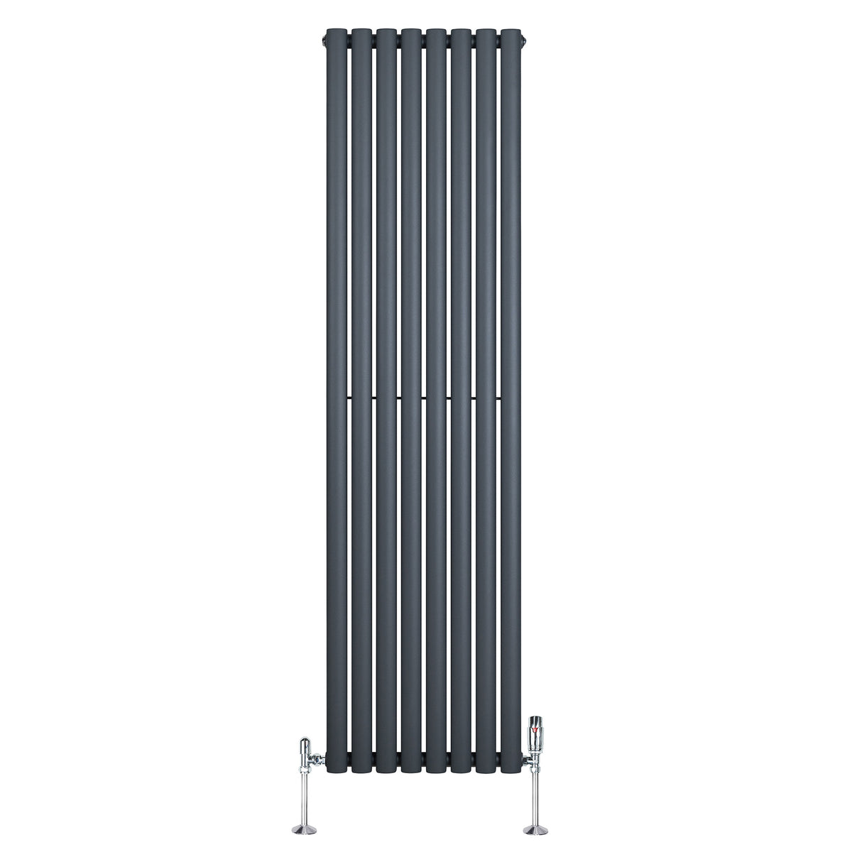 Anthrazitgrauer Gliederheizkörper mit TRV Chromventilen, 1800mm hoch und 480mm breit, vertikale Lamellenstruktur und glänzende Oberflächen