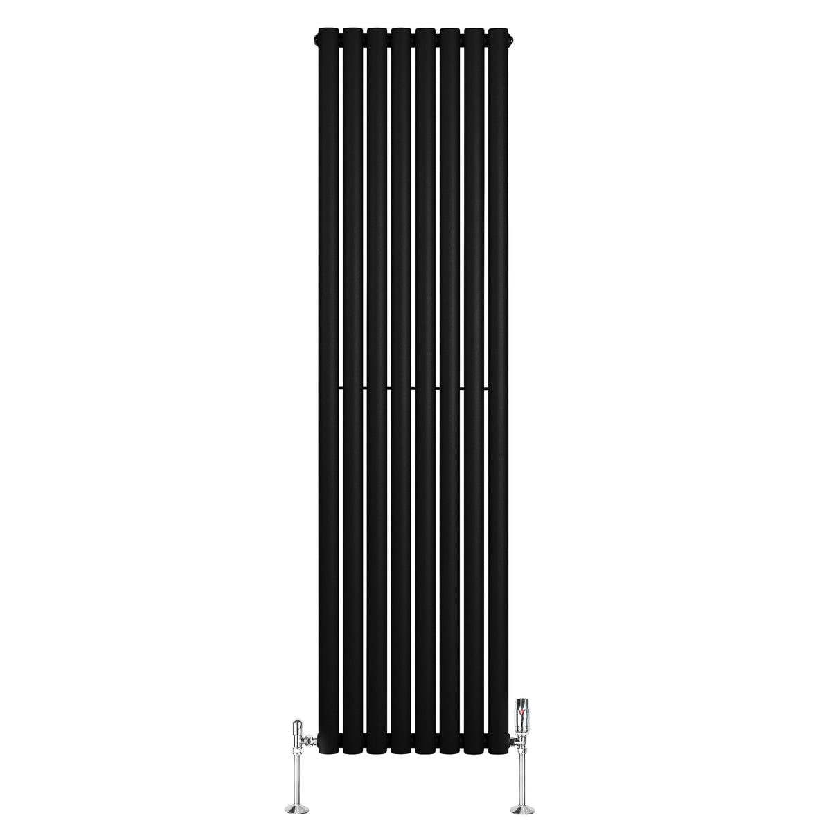 Schmaler, vertikaler Gliederheizkörper in mattem Schwarz mit glänzenden Chromventilen, 1800mm hoch und 480mm breit, modern und elegant gestaltet