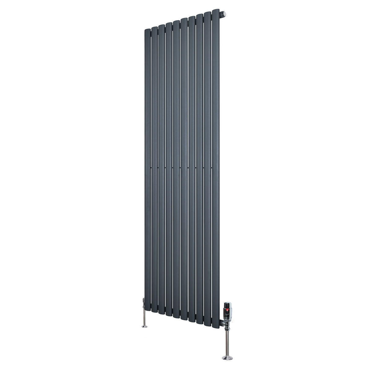 Gliederheizkörper in Anthrazitgrau mit TRV Chromventilen, 1800mm x 600mm, vertikale Lamellenstruktur und moderne, elegante Form
