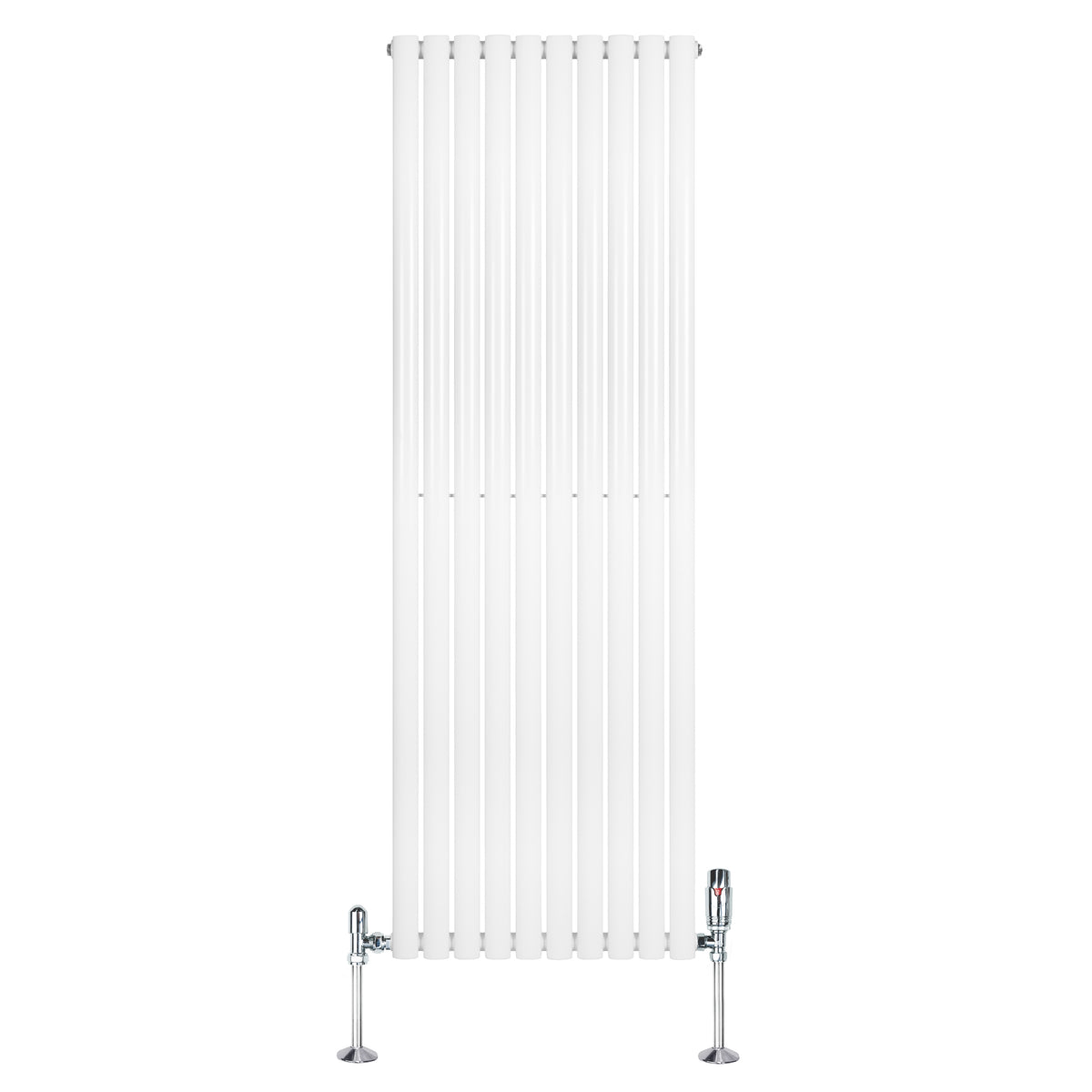 Hochformatiger, weißer Gliederheizkörper mit TRV Chromventilen, 1800mm x 600mm, vertikale Lamellenstruktur und glänzender Oberfläche