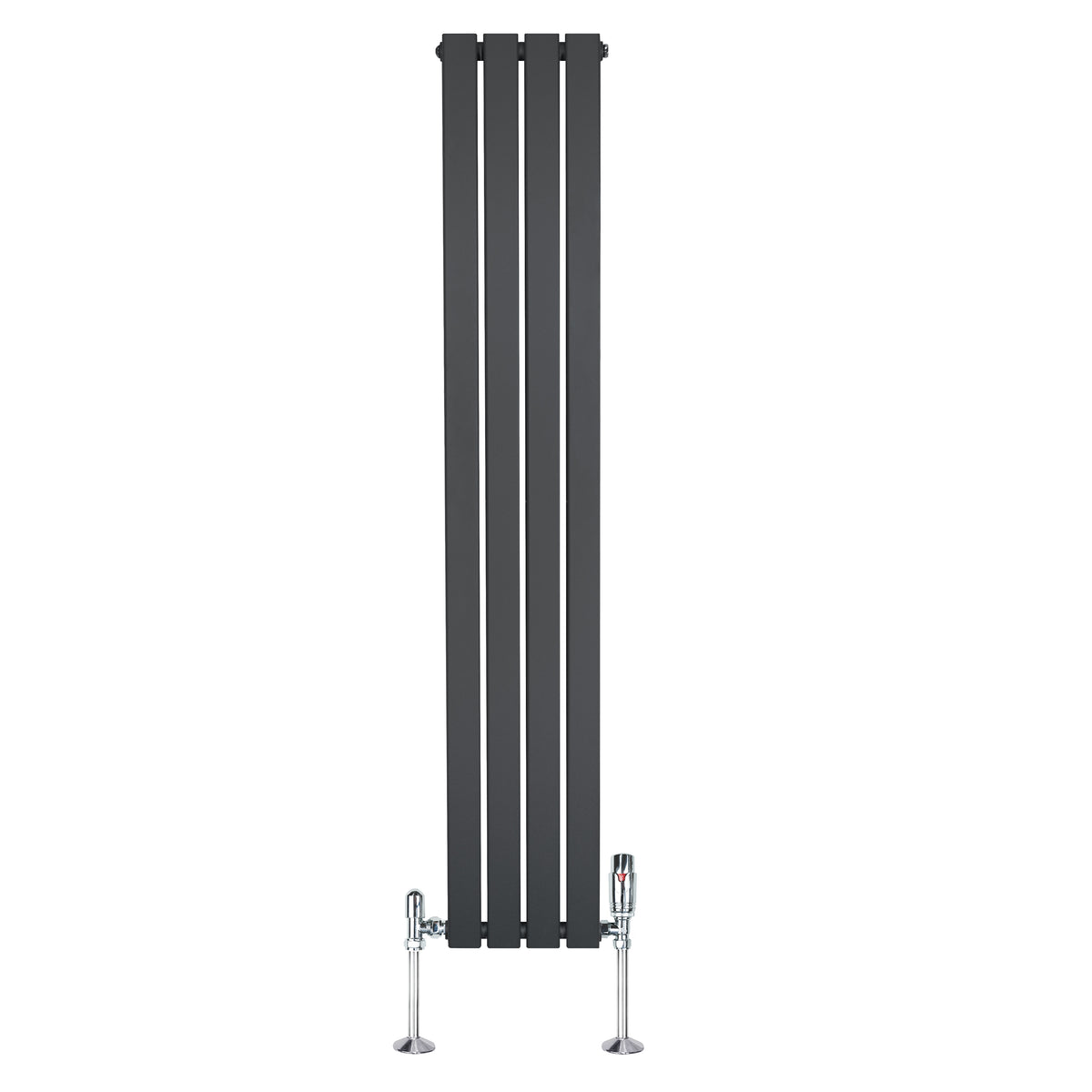 Flachheizkörper in Anthrazitgrau, 1600mm x 280mm, mit schlanken, vertikalen Lamellen und modernen Ventilen, ideal für stilvolle Heizlösungen