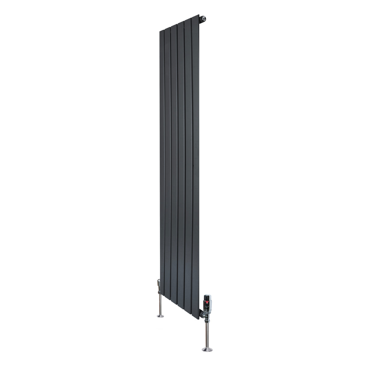 Flachheizkörper in Anthrazitgrau, 1600mm x 420mm, mit vertikalen Lamellen und modernen Ventilen, ideal für stilvolle Heizlösungen