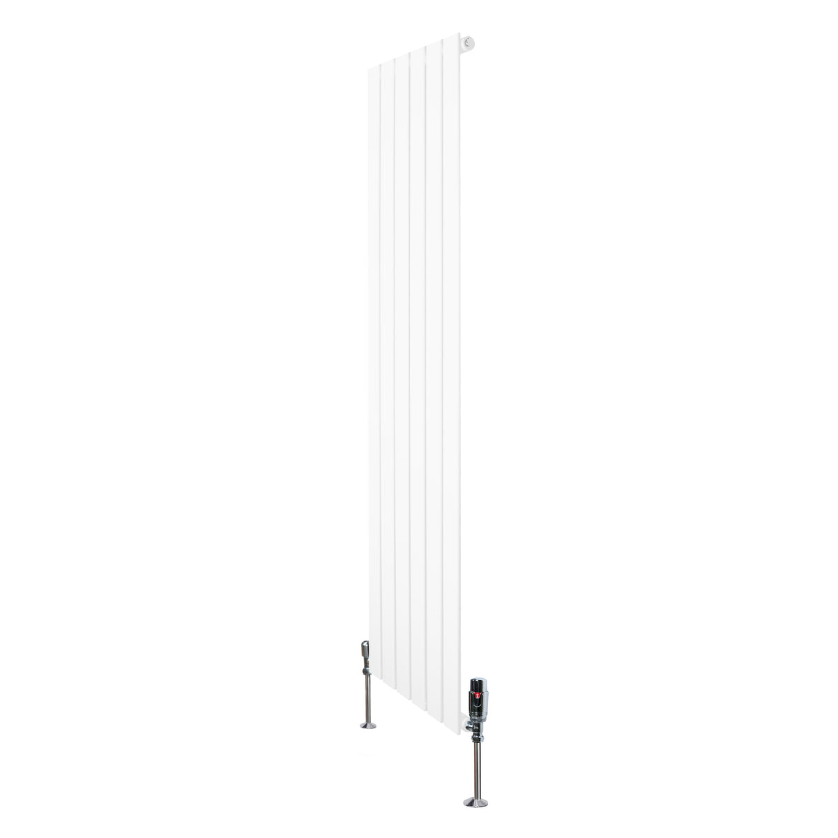 Flachheizkörper in Weiß, 1600mm x 420mm, mit vertikalen Lamellen und modernen Ventilen, ideal für effiziente Raumheizung und stilvolle Gestaltung