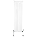 Flacher, vertikaler Heizkörper in Weiß, 1600mm x 420mm, mit glatten, senkrechten Lamellen und glänzenden Ventilen aus verchromtem Metall