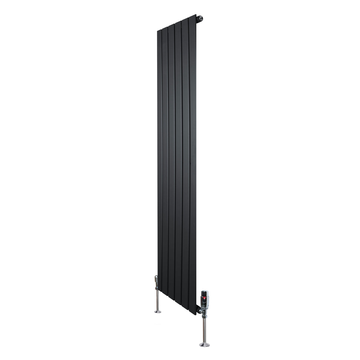 Schwarzer Flachheizkörper mit vertikalen Lamellen, 1600mm x 420mm, elegantes Design, ideal für moderne Innenräume, inklusive Ventile