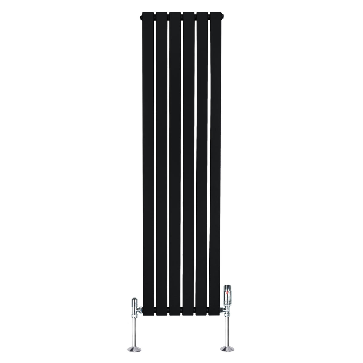 Schwarzer Flachheizkörper mit vertikalen Lamellen, 1600mm x 420mm, ausgestattet mit modernen Ventilen und glänzenden Metallfüßen