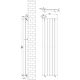 Schwarzer Flachheizkörper mit vertikalen Lamellen, Maße 1600mm x 420mm, skizzierte Details und Montageanleitung auf hellem Hintergrund