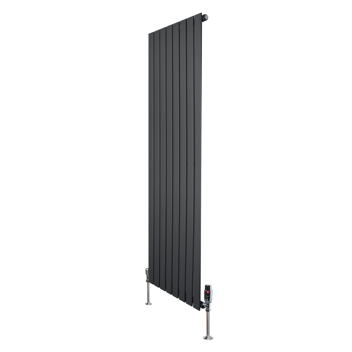 Flachheizkörper in Anthrazitgrau, 1600mm x 560mm, mit vertikalen Lamellen und modernen Ventilen, ideal für stilvolle Heizlösungen