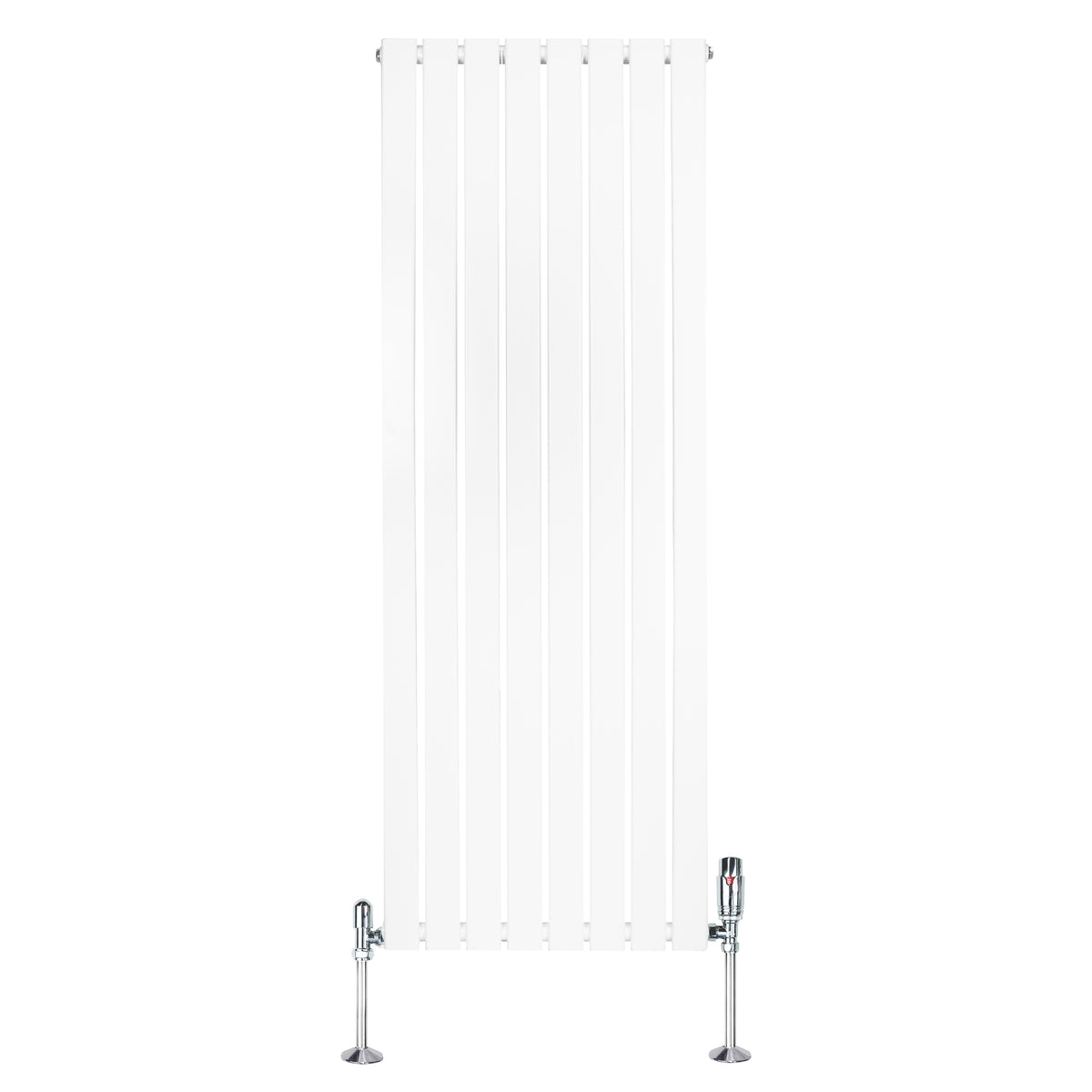 Flachheizkörper in Weiß, 1600mm x 560mm, mit vertikalen Lamellen und glänzenden Ventilen, ideal für moderne Innenräume und effiziente Wärmeverteilung