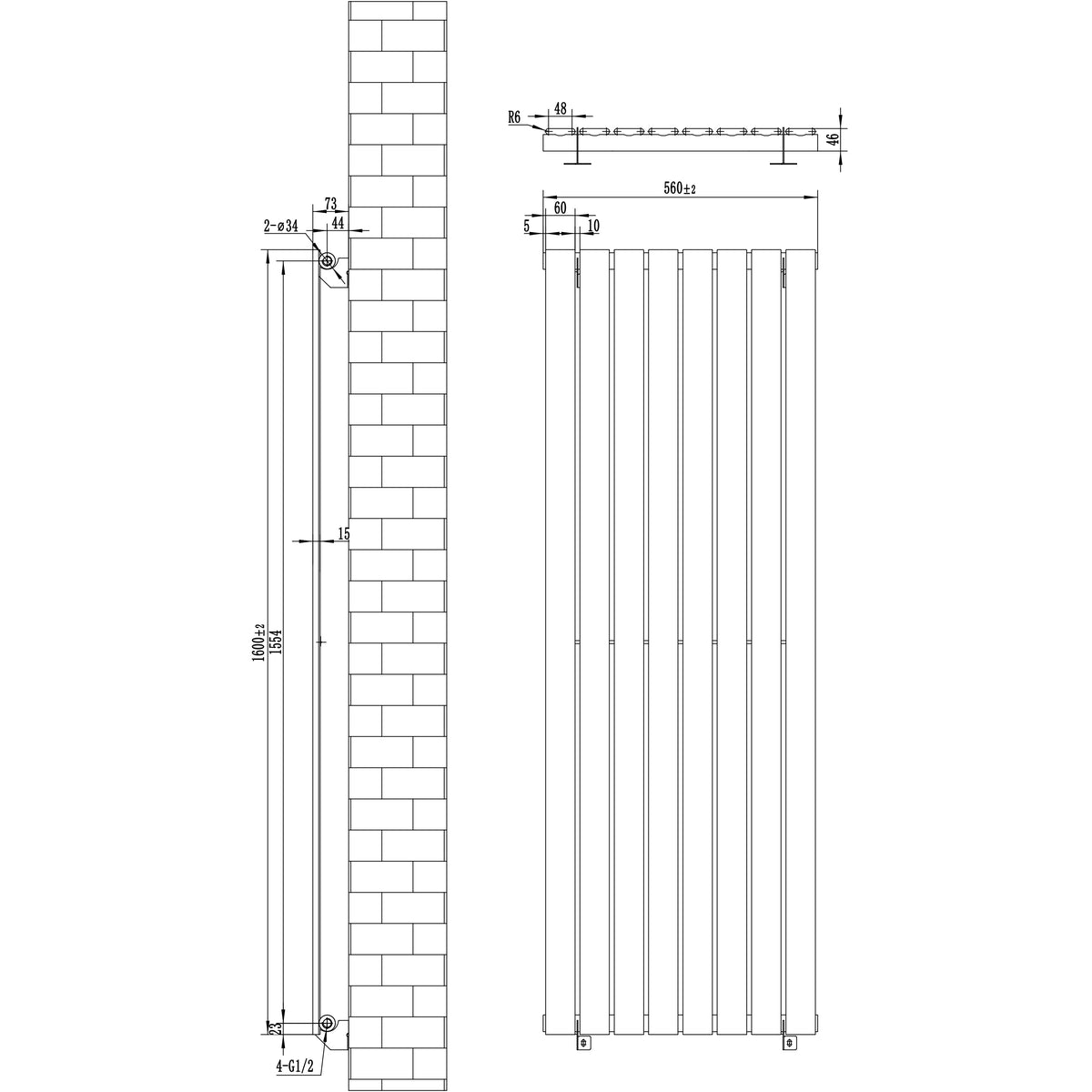Schwarzer Flachheizkörper mit vertikalen Lamellen, Maße 1600mm x 560mm, ideal für moderne Innenräume, minimalistische Gestaltung und effiziente Wärmeverteilung