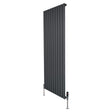 Flachheizkörper in Anthrazitgrau, 1600mm x 700mm, mit vertikalen Lamellen und modernen Ventilen, ideal für stilvolle Heizlösungen