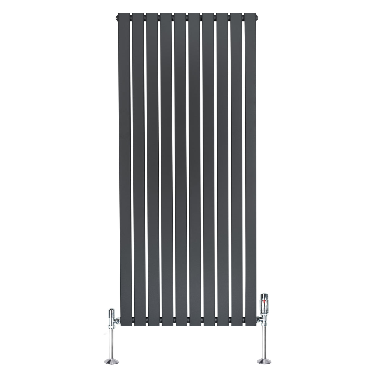 Flachheizkörper in Anthrazitgrau, 1600mm x 700mm, mit vertikalen Lamellen und glänzenden Ventilen, modernes Design für effiziente Wärmeverteilung