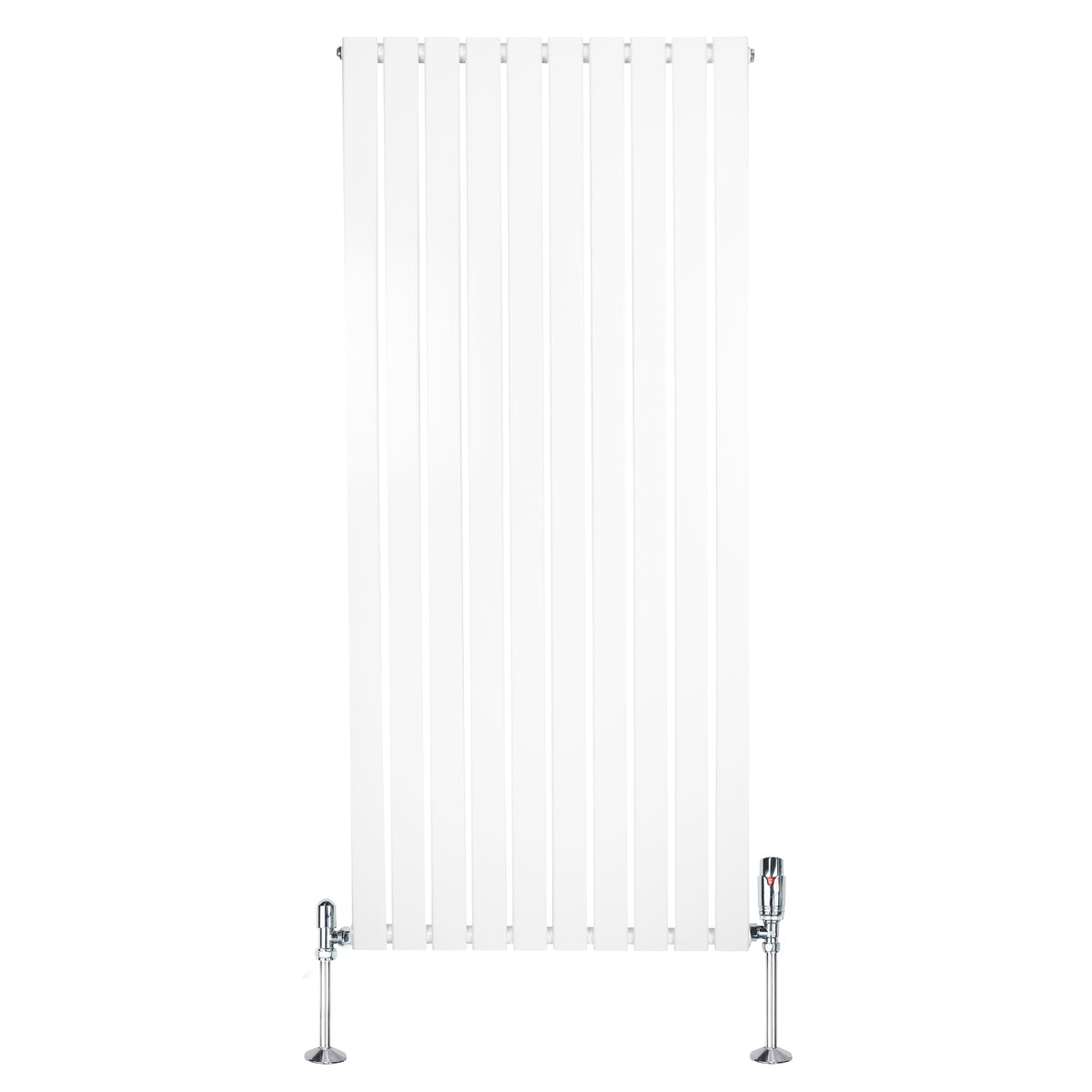Flachheizkörper in Weiß, 1600mm x 700mm, mit vertikalen Lamellen und glänzenden Ventilen, ideal für moderne Innenräume