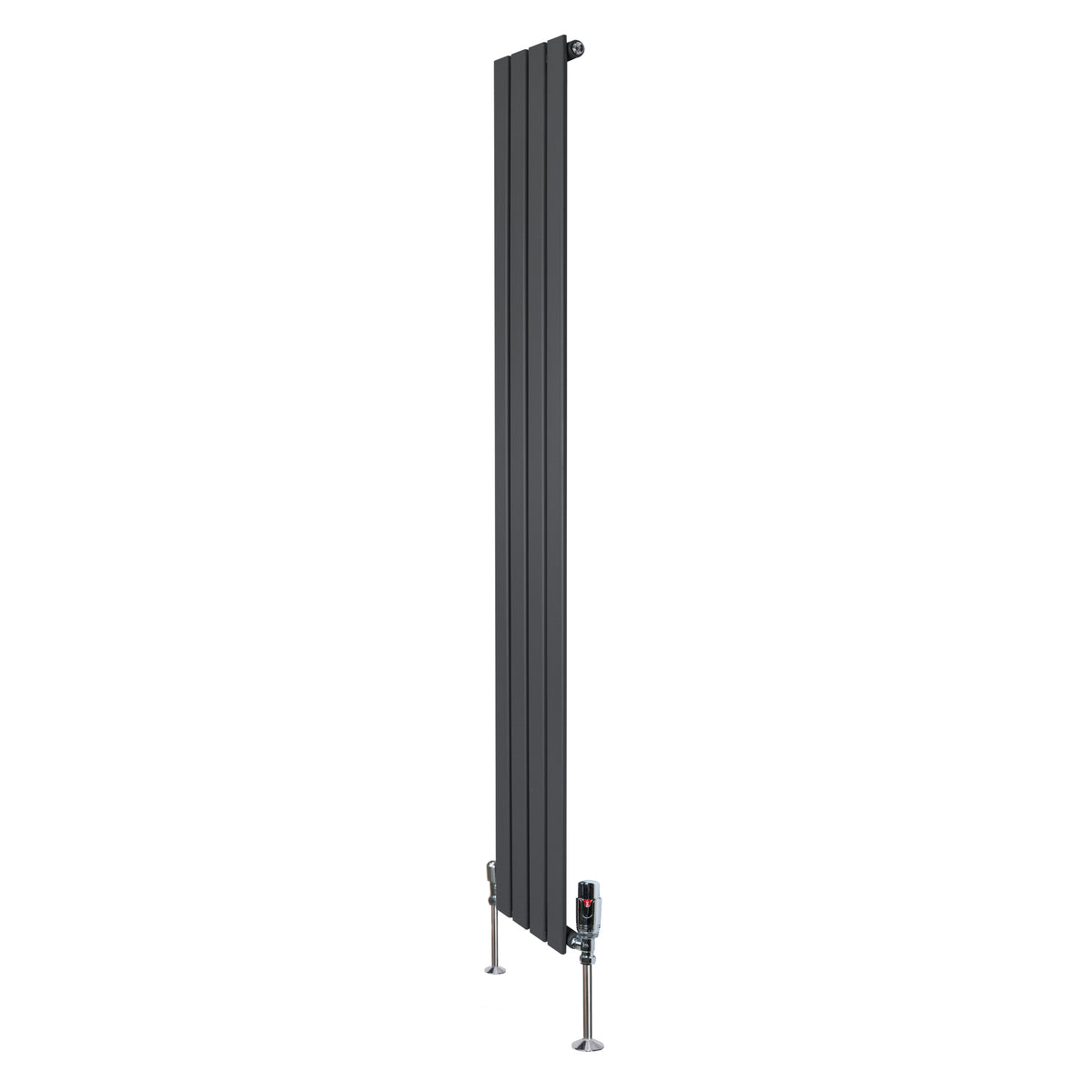 Flachheizkörper in Anthrazitgrau, 1800mm x 280mm, mit schlanken vertikalen Lamellen und modernen Ventilen, ideal für stilvolle Heizlösungen