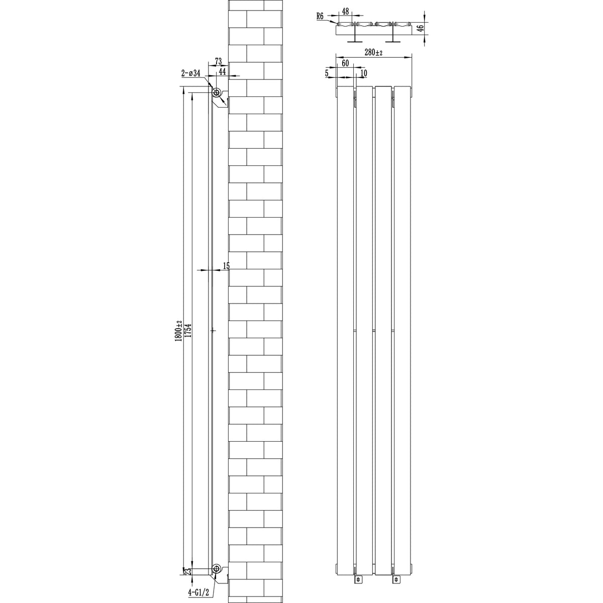 Flachheizkörper in Weiß, 1800mm x 280mm, mit klaren Linien und modernem Design, ideal für effiziente Heizlösungen in jedem Raum