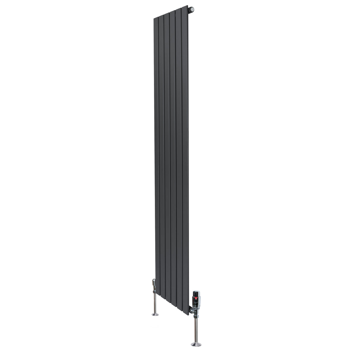 Flachheizkörper in Anthrazitgrau, 1800mm x 420mm, mit vertikalen Lamellen und modernen Ventilen, ideal für stilvolle Heizlösungen
