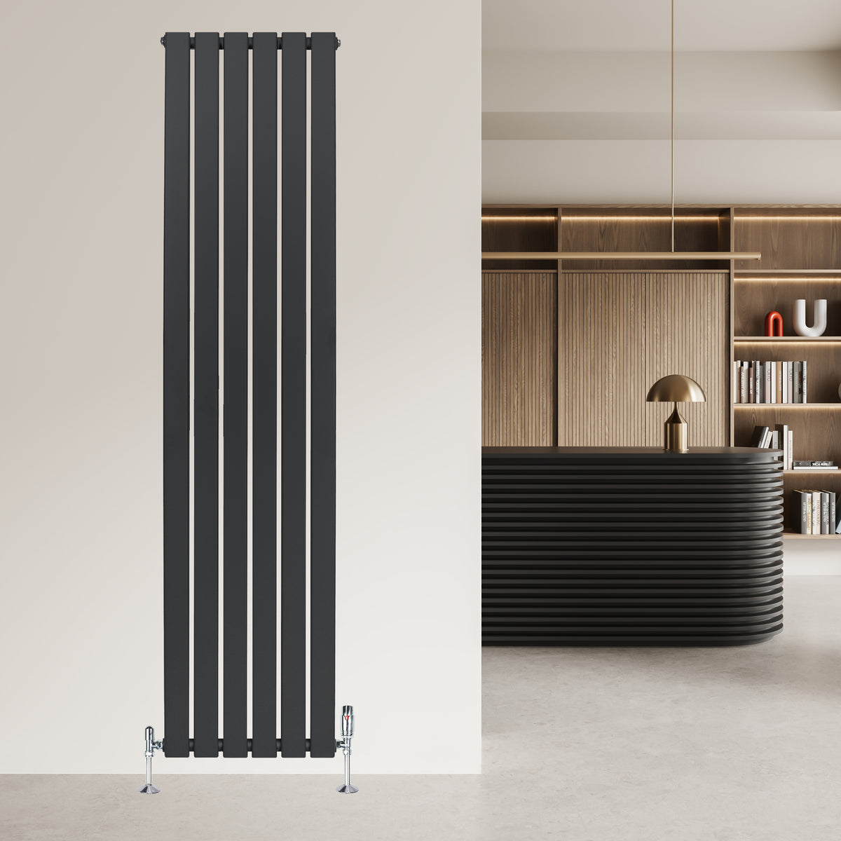 Flachheizkörper in Anthrazitgrau, 1800mm x 420mm, mit schlanken vertikalen Lamellen und modernen Ventilen, ideal für stilvolle Innenräume