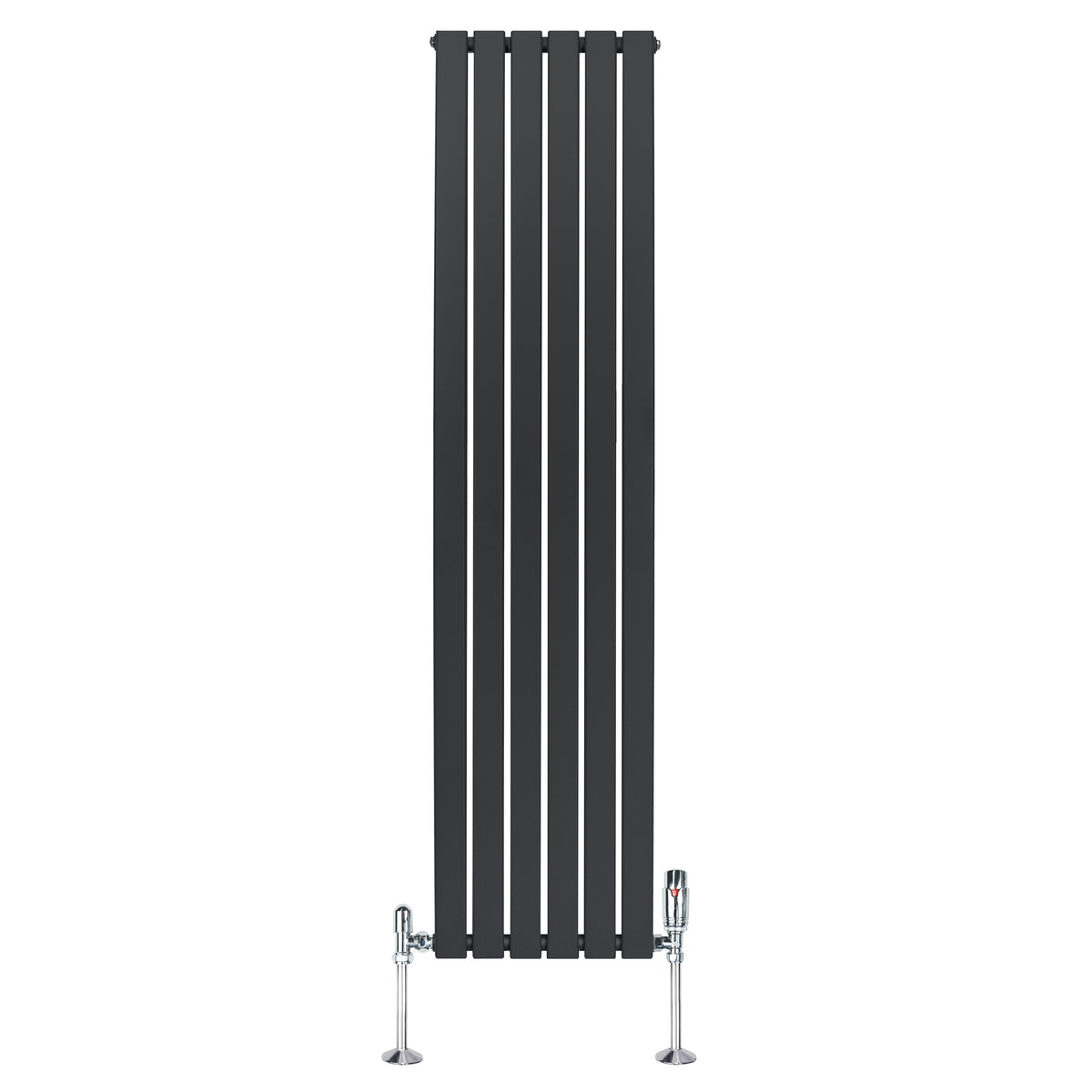 Flachheizkörper in Anthrazitgrau, 1800mm x 420mm, mit vertikalen Lamellen und glänzenden Ventilen, modernes Design für effiziente Wärmeverteilung