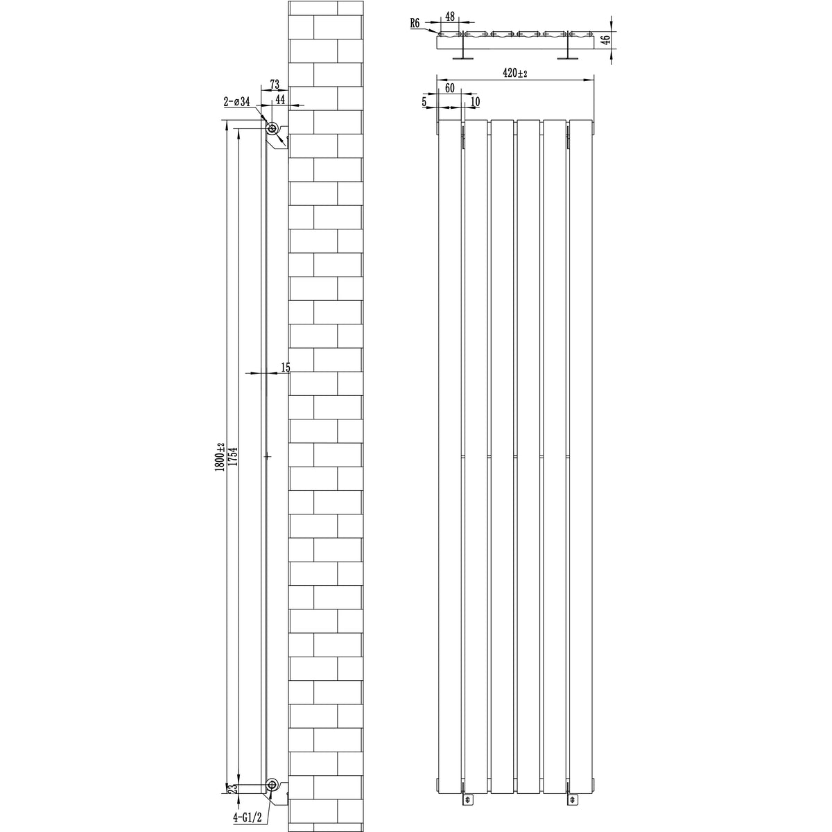 Flachheizkörper in Anthrazitgrau, Maße 1800mm x 420mm, mit schlankem, vertikalem Design und klaren Linien, ideal für moderne Räume