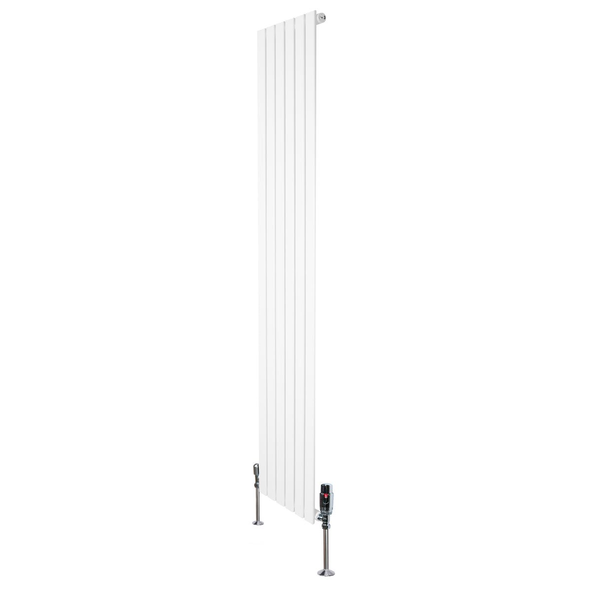 Flachheizkörper in Weiß, 1800mm x 420mm, mit vertikalen Lamellen und modernen Ventilen, ideal für platzsparende Heizlösungen