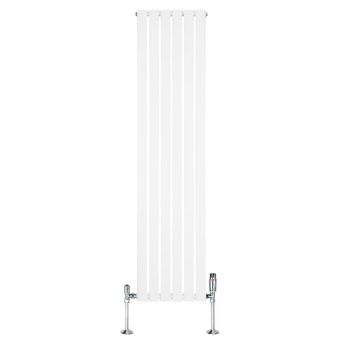 Flachheizkörper in Weiß, 1800mm x 420mm, mit vertikalen Lamellen und glänzenden Ventilen, ideal für moderne Wohnräume