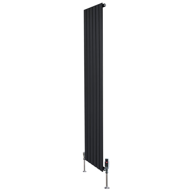 Schwarzer Flachheizkörper mit vertikalen Lamellen, 1800mm x 420mm, ausgestattet mit modernen Ventilen und stabilen Standfüßen