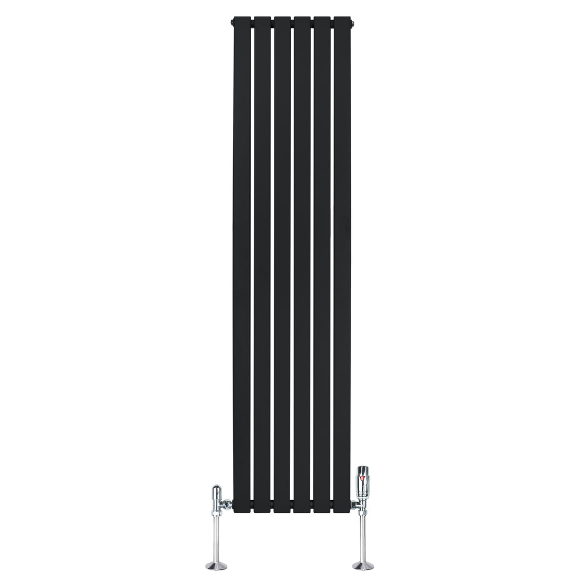 Schmaler, vertikaler Flachheizkörper in mattem Schwarz, 1800mm x 420mm, mit glänzenden Ventilen und klaren Linien für modernes Raumdesign