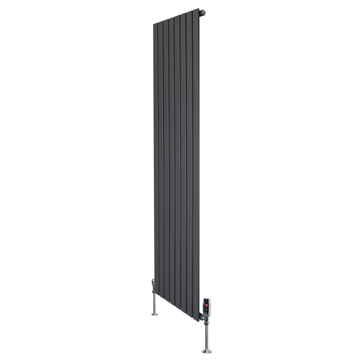 Flachheizkörper in Anthrazitgrau, 1800mm x 560mm, mit vertikalen Lamellen und modernen Ventilen, ideal für stilvolle Heizlösungen