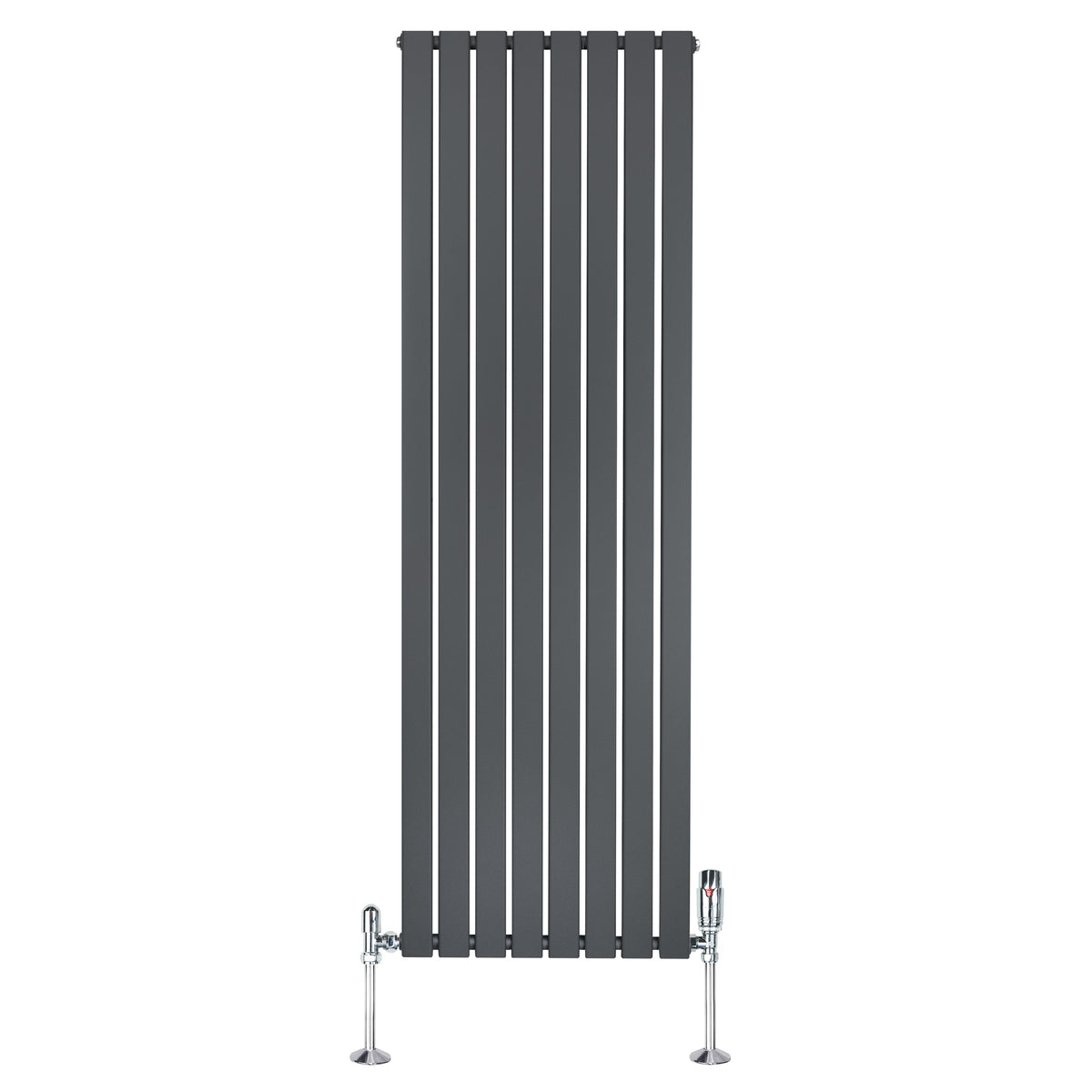Flachheizkörper in Anthrazitgrau, 1800mm x 560mm, mit vertikalen Lamellen und glänzenden Ventilen, modernes Design für effiziente Wärmeabgabe