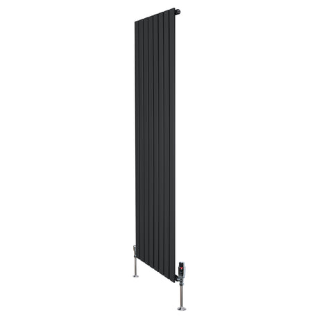 Schwarzer Flachheizkörper mit vertikalen Lamellen, 1800mm x 560mm, ausgestattet mit modernen Ventilen und stabilen Standfüßen