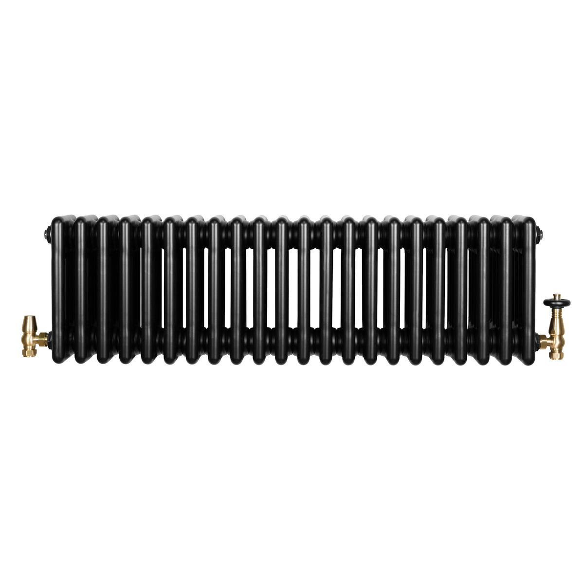 Schwarzer Röhrenheizkörper mit 4 Säulen und TRV Chromventilen, 300mm x 1010mm, glänzende Oberfläche und elegante Form
