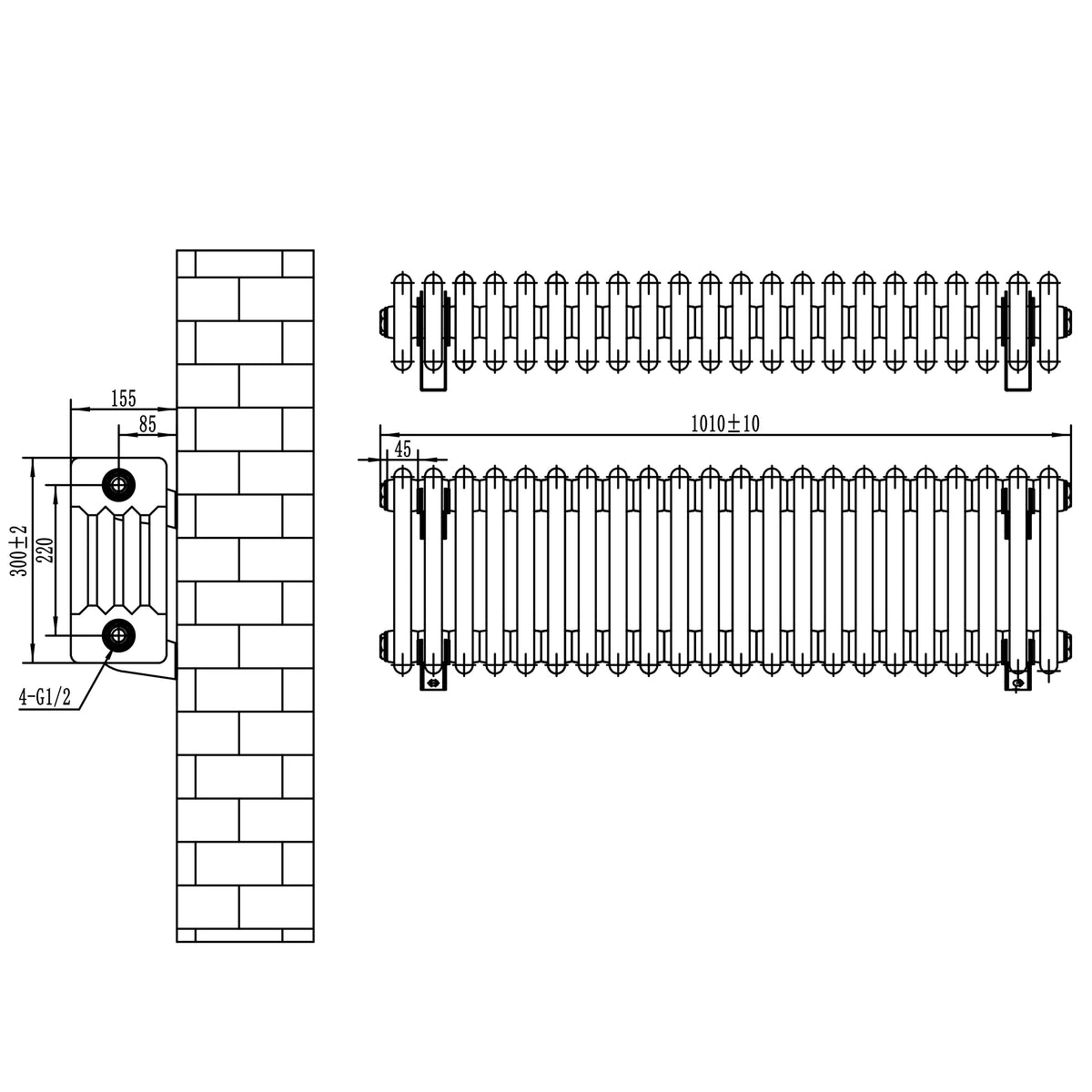 Röhrenheizkörper 4 Säulen mit TRV Chromventile – 300mm x 1010mm – Schwarz