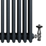 Röhrenheizkörper mit vier Säulen in Anthrazitgrau, glänzendes Chromventil, schlankes Design, ideal für moderne Innenräume