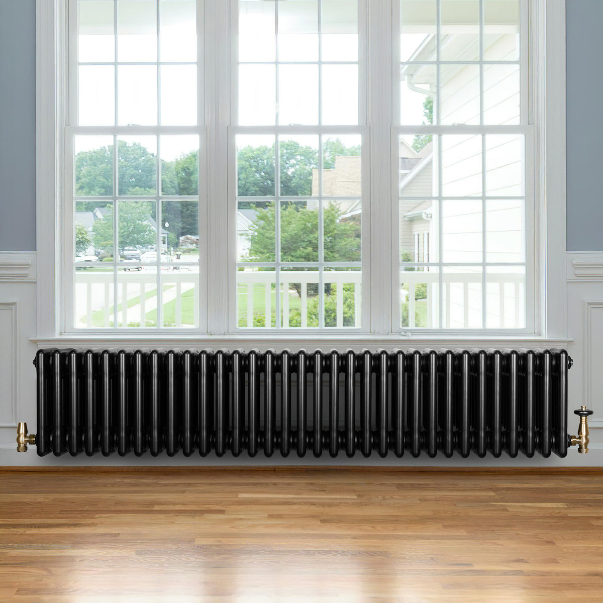 Röhrenheizkörper 4 Säulen mit TRV Chromventile – 300mm x 1505mm – Schwarz