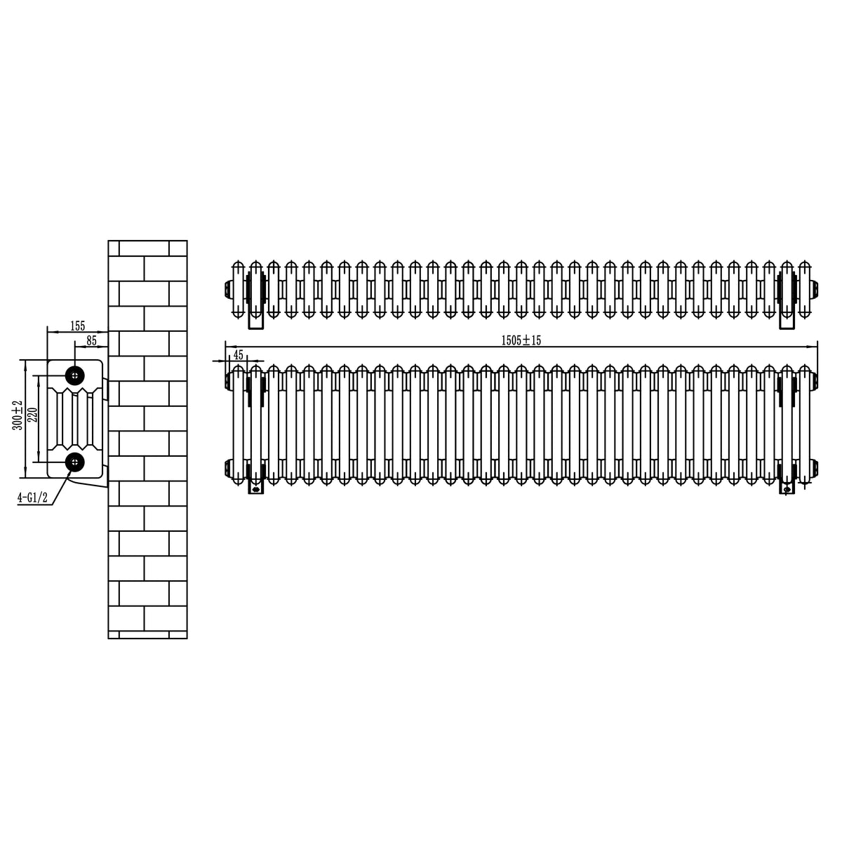 Röhrenheizkörper 4 Säulen mit TRV Chromventile – 300mm x 1505mm – Schwarz