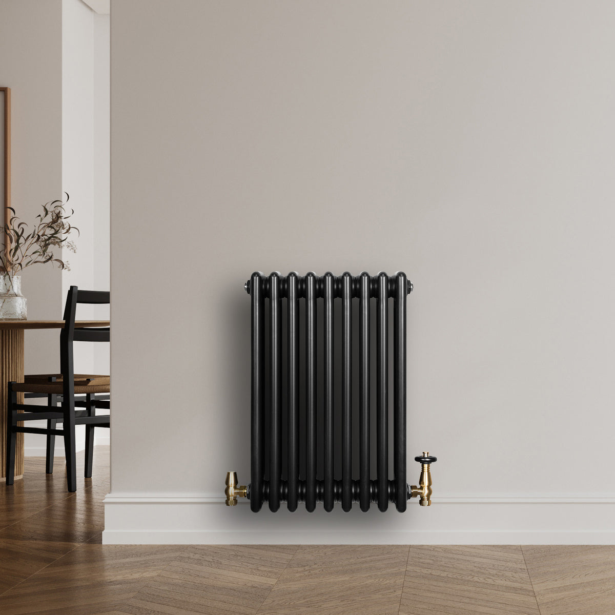 Röhrenheizkörper 4 Säulen mit TRV Chromventile – 600mm x 425mm – Schwarz - view 3