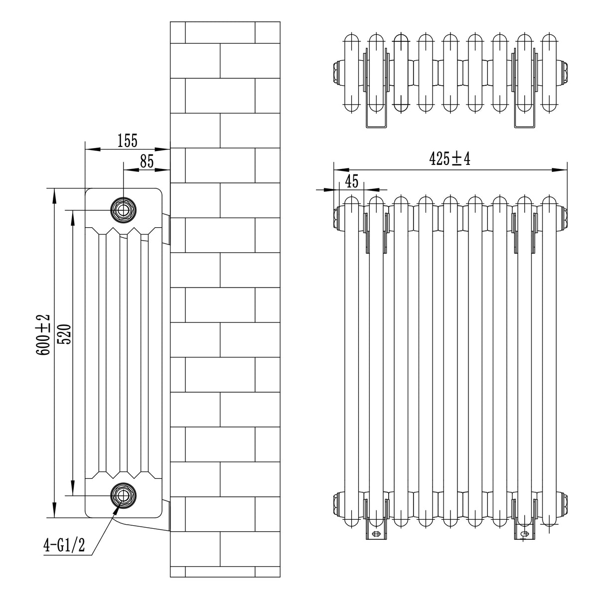 Röhrenheizkörper 4 Säulen mit TRV Chromventile – 600mm x 425mm – Schwarz