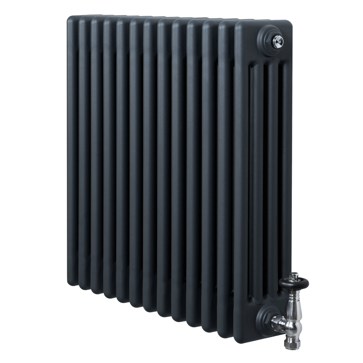 Röhrenheizkörper 4 Säulen mit TRV Chromventile – 600mm x 605mm – Anthrazitgrau