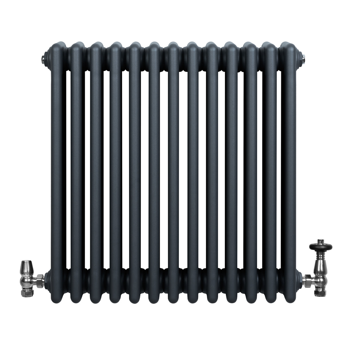 Röhrenheizkörper 4 Säulen mit TRV Chromventile – 600mm x 605mm – Anthrazitgrau