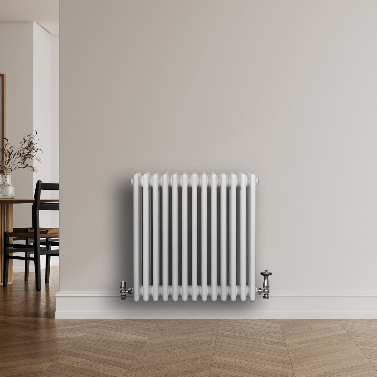 Röhrenheizkörper 4 Säulen mit TRV Chromventile – 600mm x 605mm – Weiß - view 3