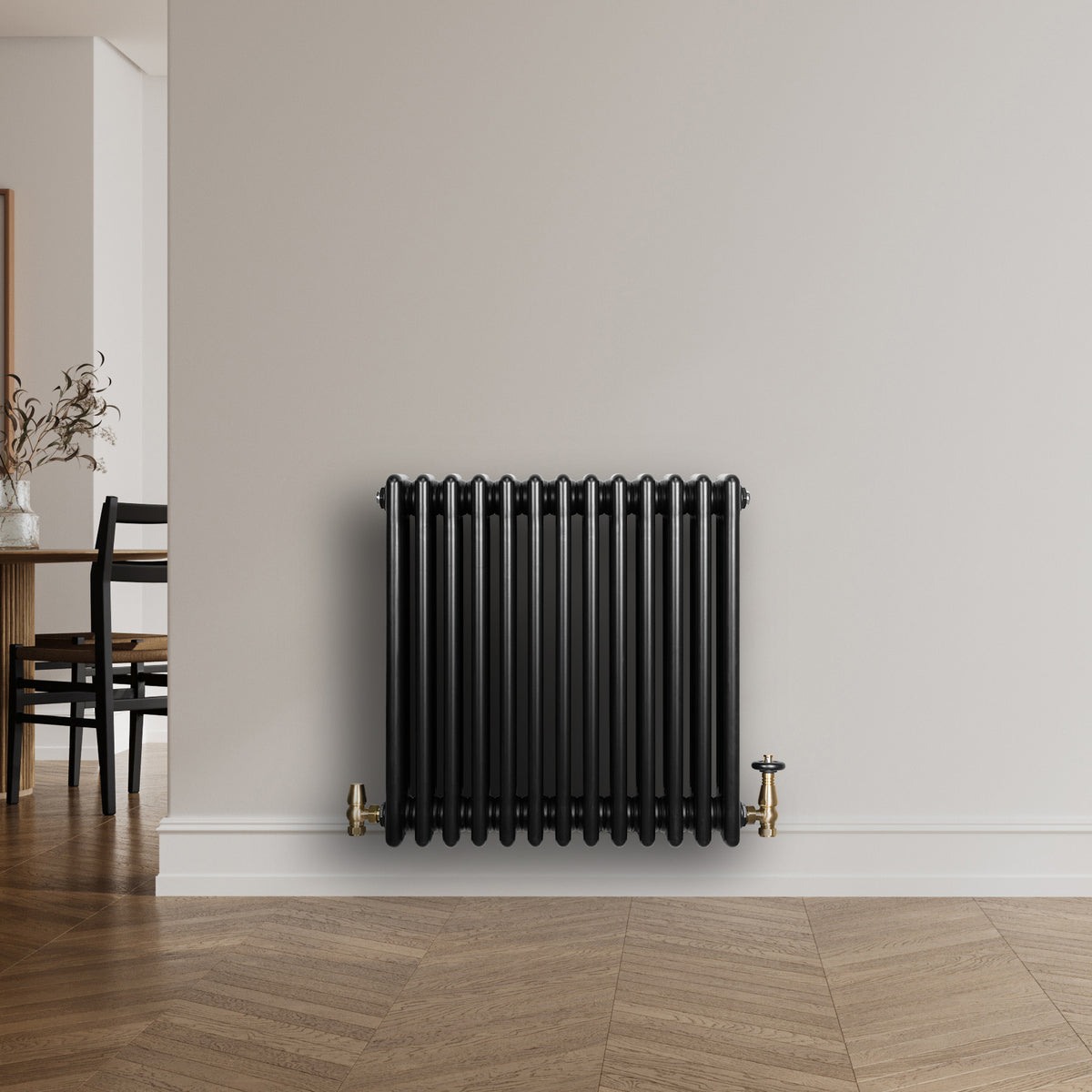 Röhrenheizkörper 4 Säulen mit TRV Chromventile – 600mm x 605mm – Schwarz - view 3
