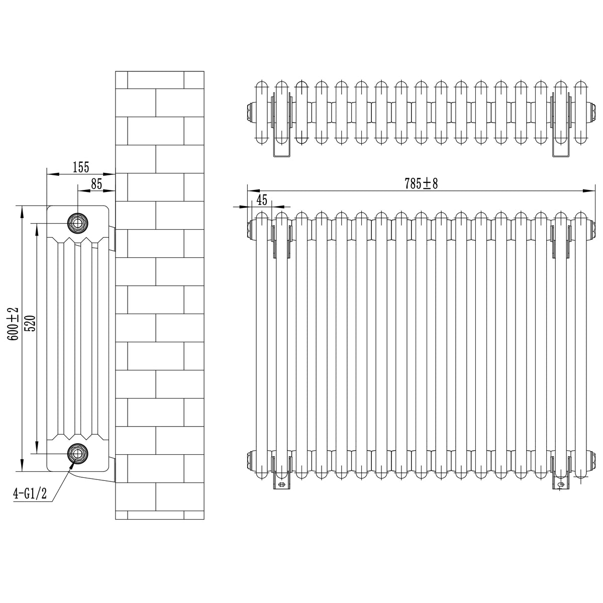 Röhrenheizkörper 4 Säulen mit TRV Chromventile – 600mm x 785mm – Weiß - view 5