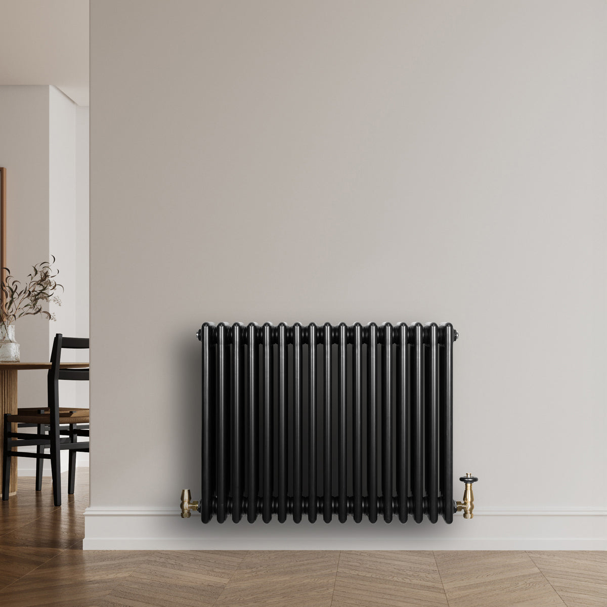 Röhrenheizkörper 4 Säulen mit TRV Chromventile – 600mm x 785mm – Schwarz - view 2