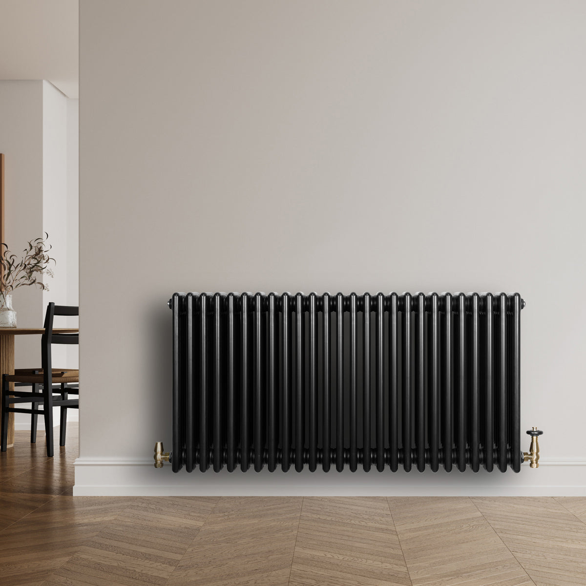 Röhrenheizkörper 4 Säulen mit TRV Chromventile – 600mm x 1190mm – Schwarz - view 3