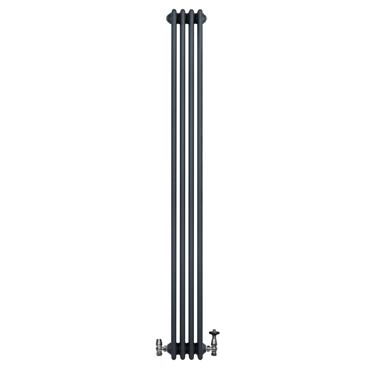 Röhrenheizkörper mit vier Säulen in Anthrazitgrau, 1800mm x 200mm, ausgestattet mit glänzenden Chromventilen und modernem Design